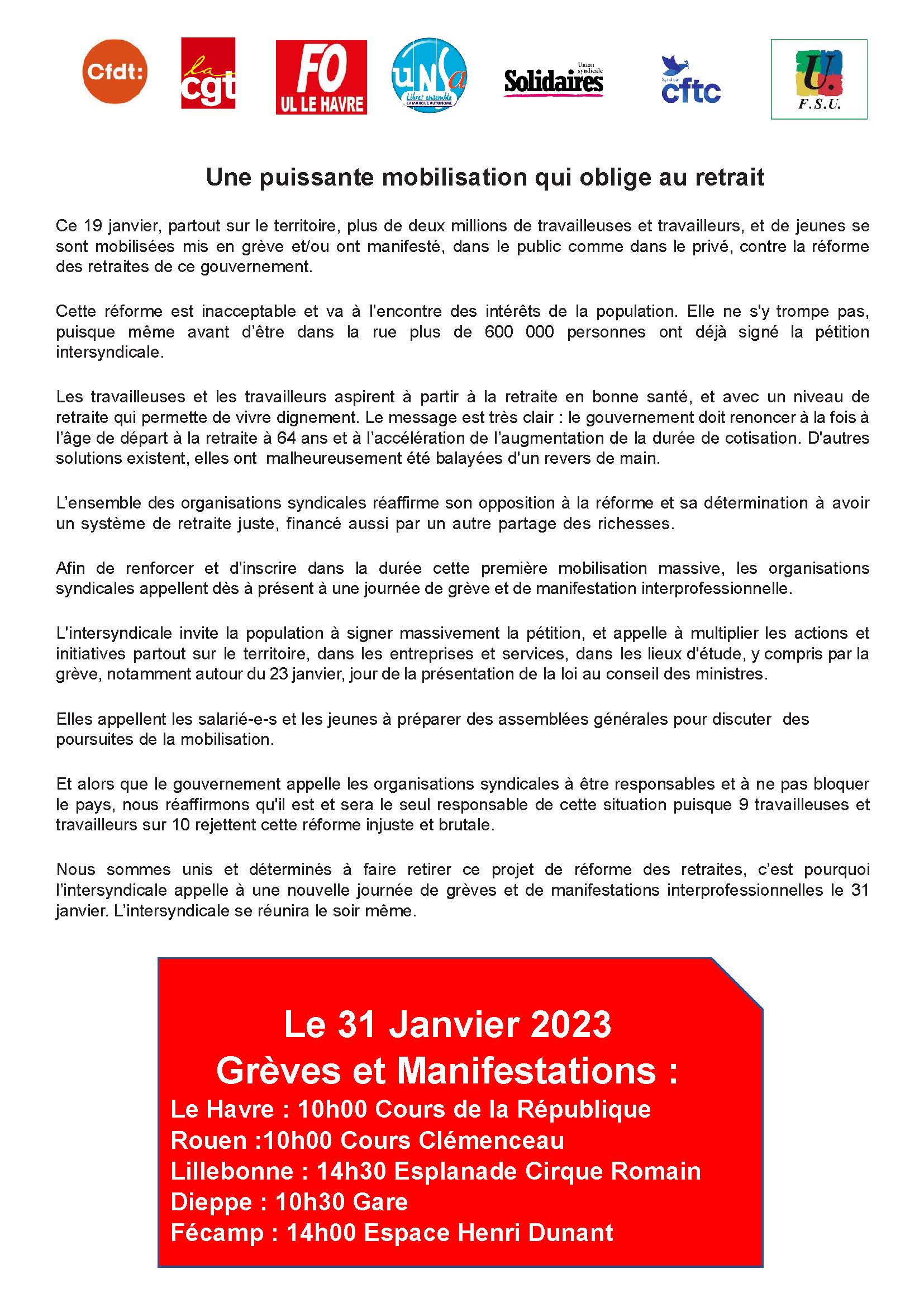 Communiqué intersyndical du 31 janvier 2023
