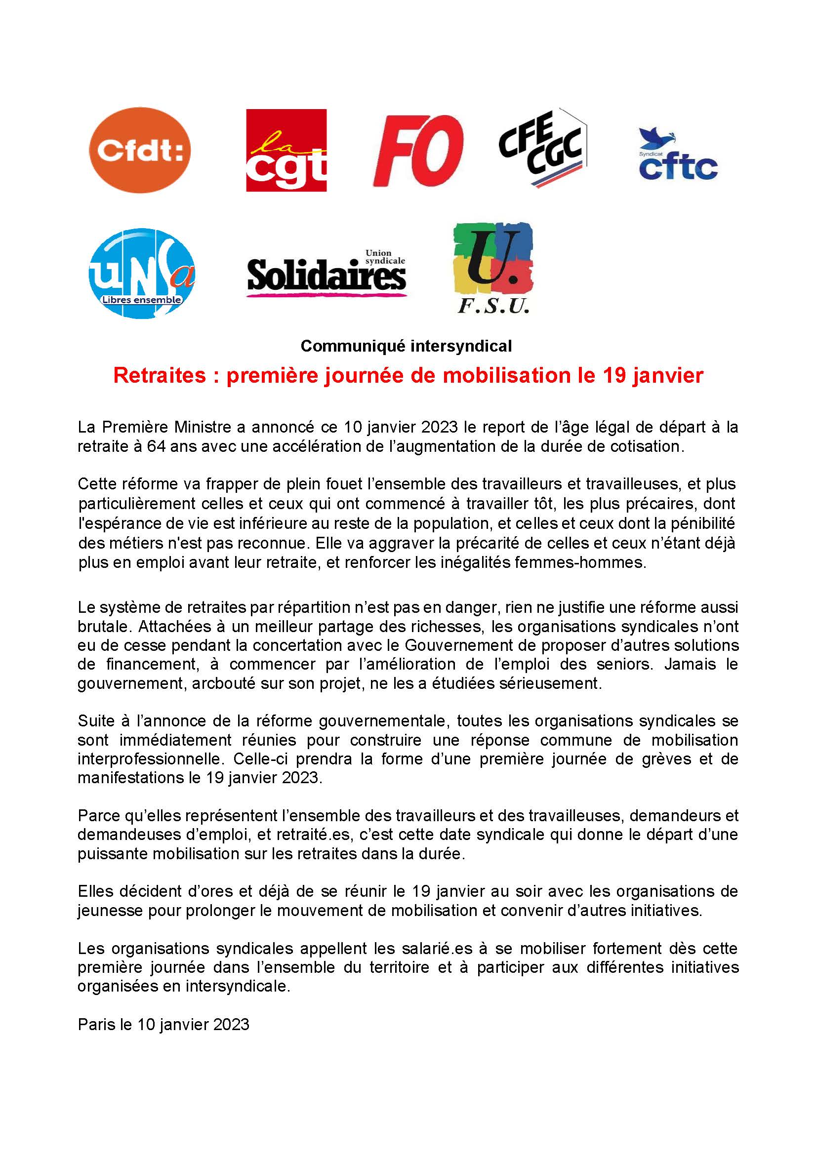 Retraites – Première journée de mobilisation le 19 janvier