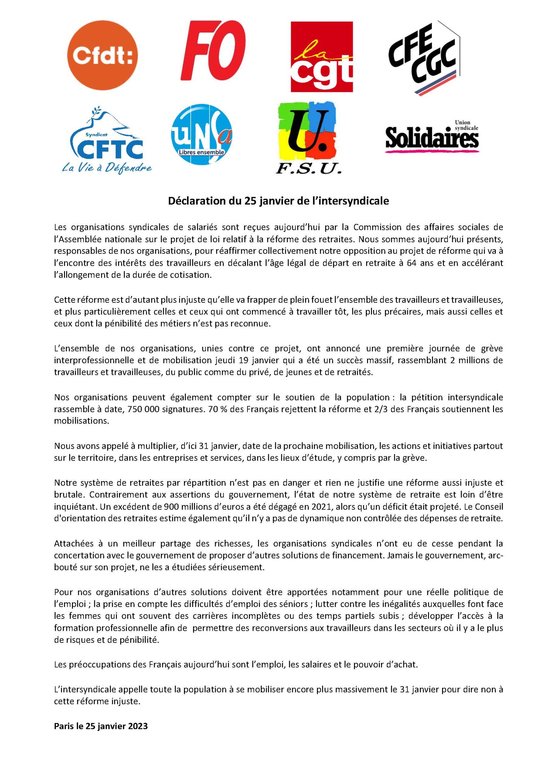 Déclaration du 25 janvier de l&rsquo;intersyndicale