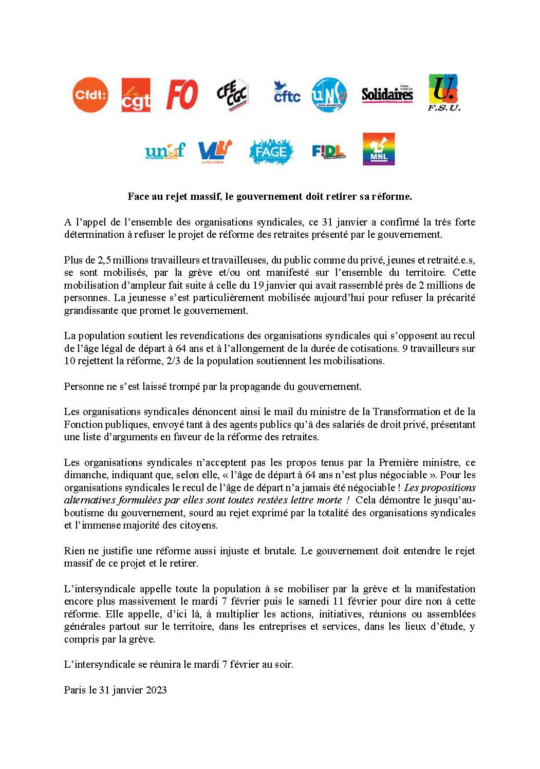 Déclaration du 31 janvier de l&rsquo;intersyndicale