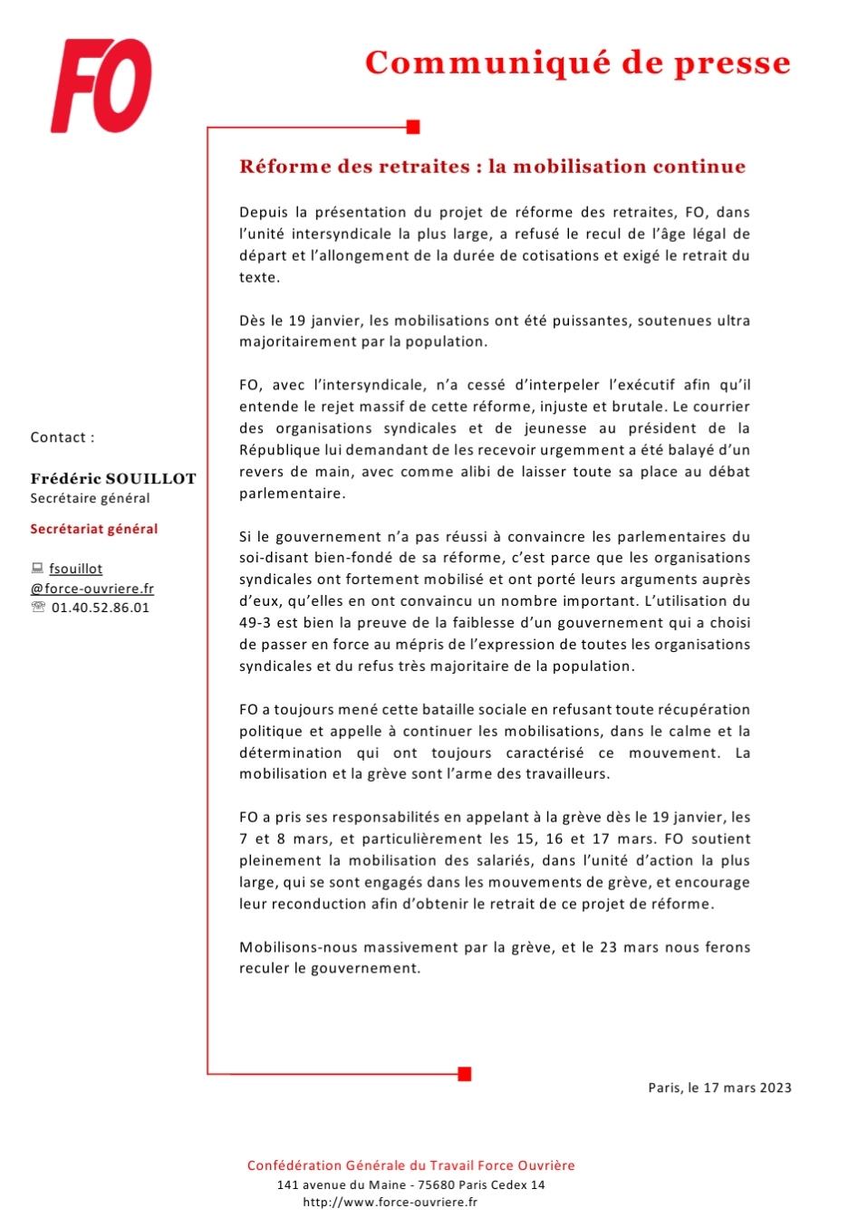 Lire la suite à propos de l’article Communiqué de presse – FO