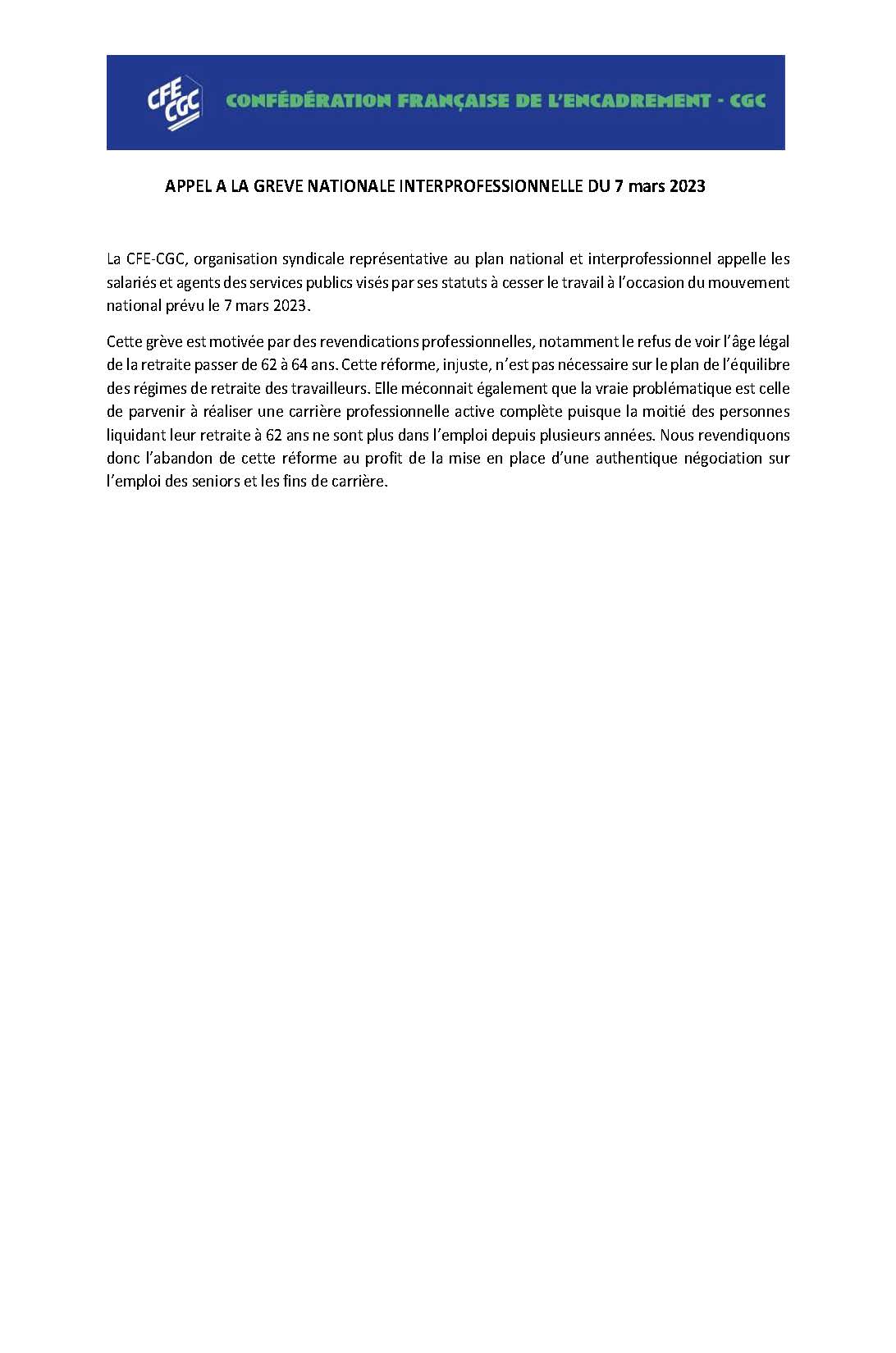 Appel à la grève nationale interprofessionnelle du 7 mars 2023