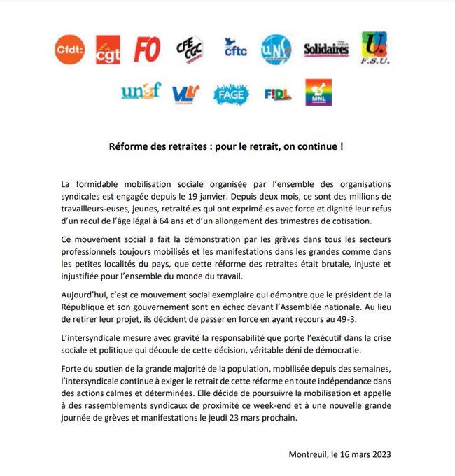 Communiqué du 16 mars 2023