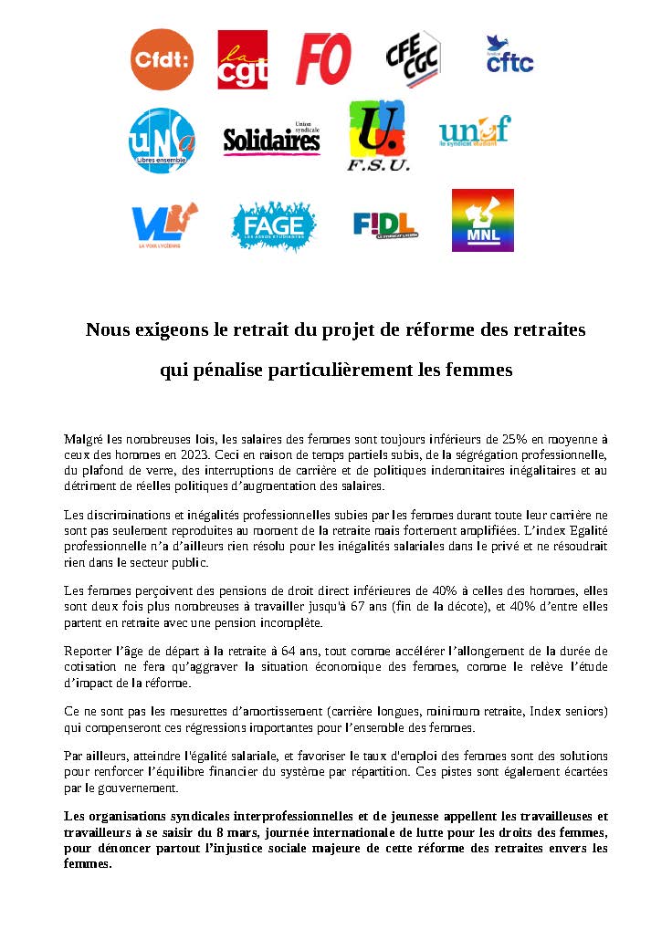 Communiqué Intersyndical Confédéral du 8 mars