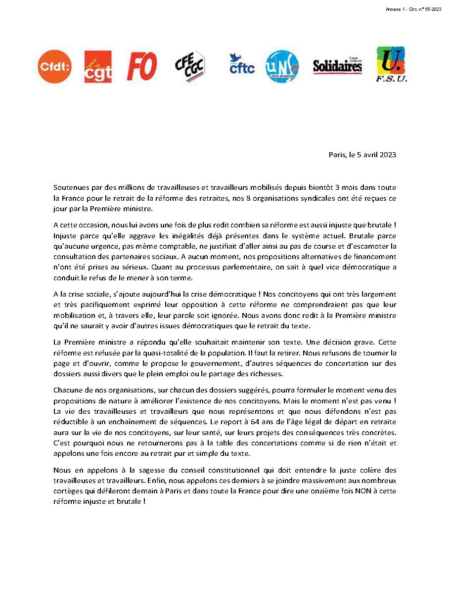 Communiqué de Presse Intersyndical 6 avril 2023