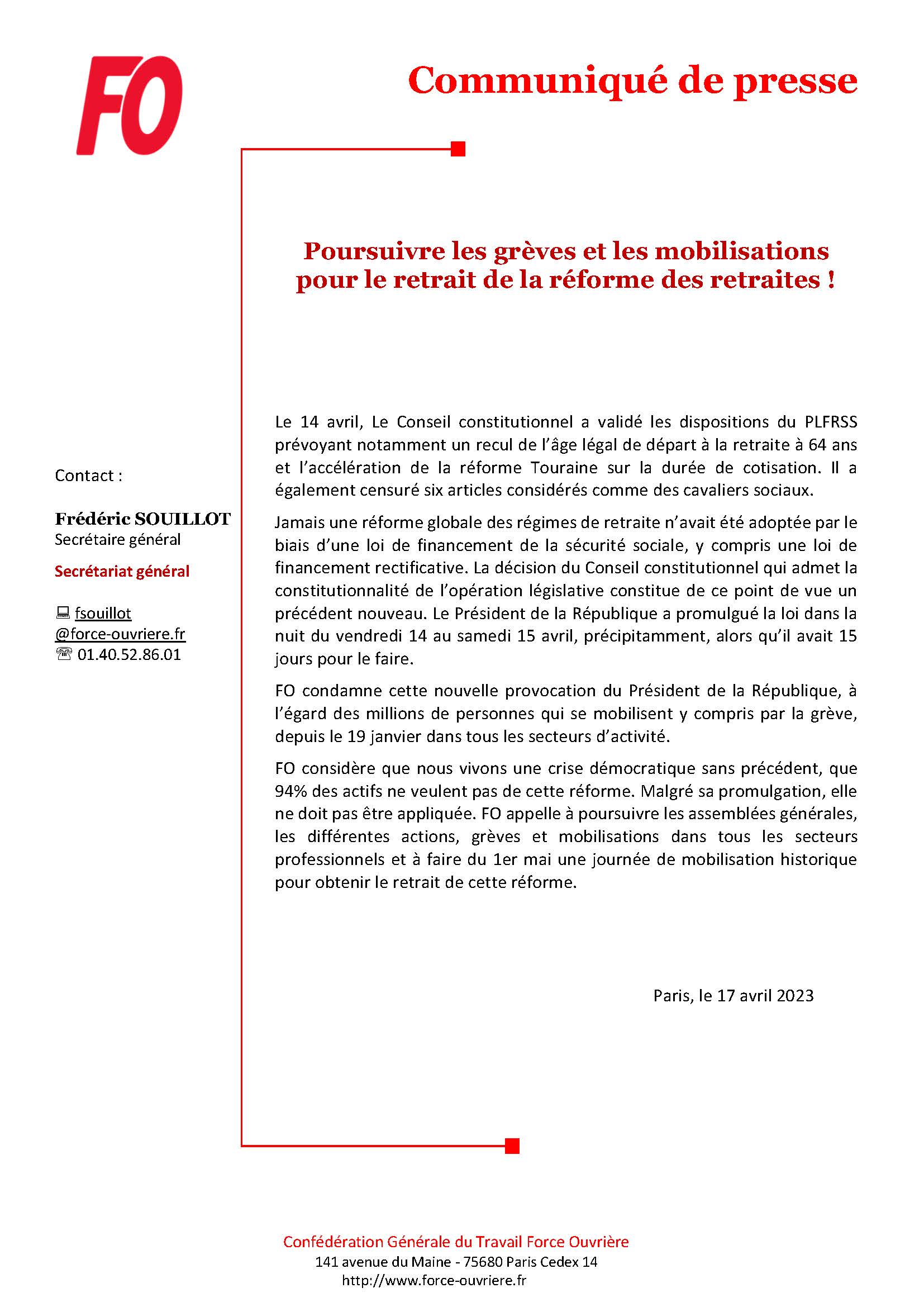Lire la suite à propos de l’article Communiqué de Presse – FO – Poursuivre les grèves et les mobilisations pour le retrait de la réforme des retraites