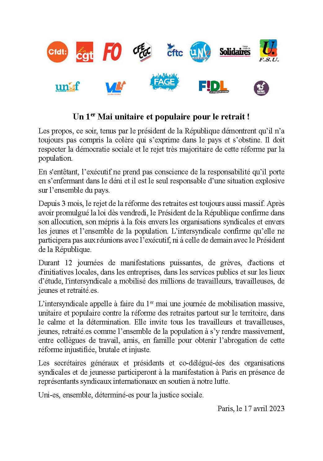 Communiqué de Presse Intersyndical 17 avril 2023