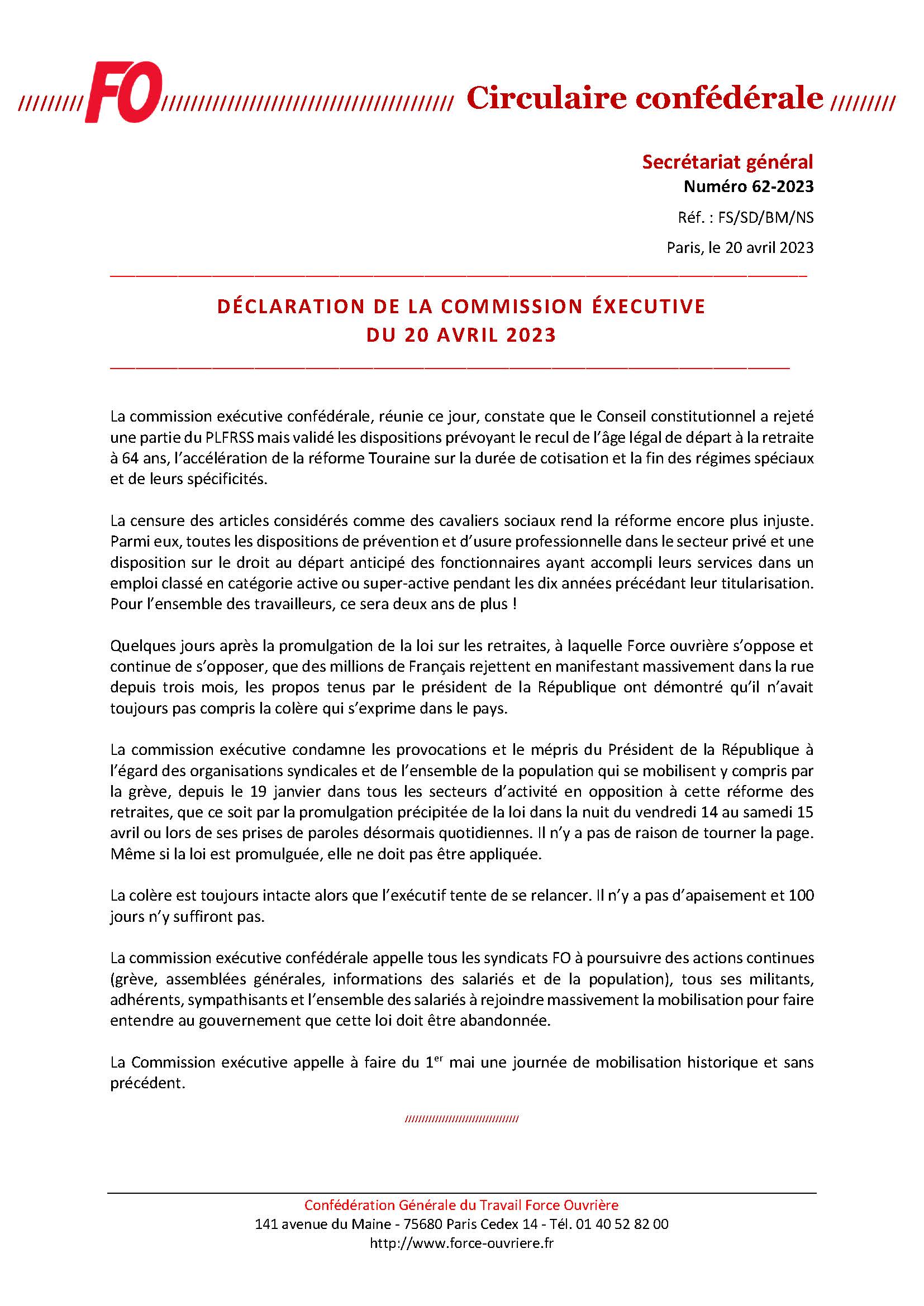 Déclaration de la Commission exécutive du 20 avril 2023