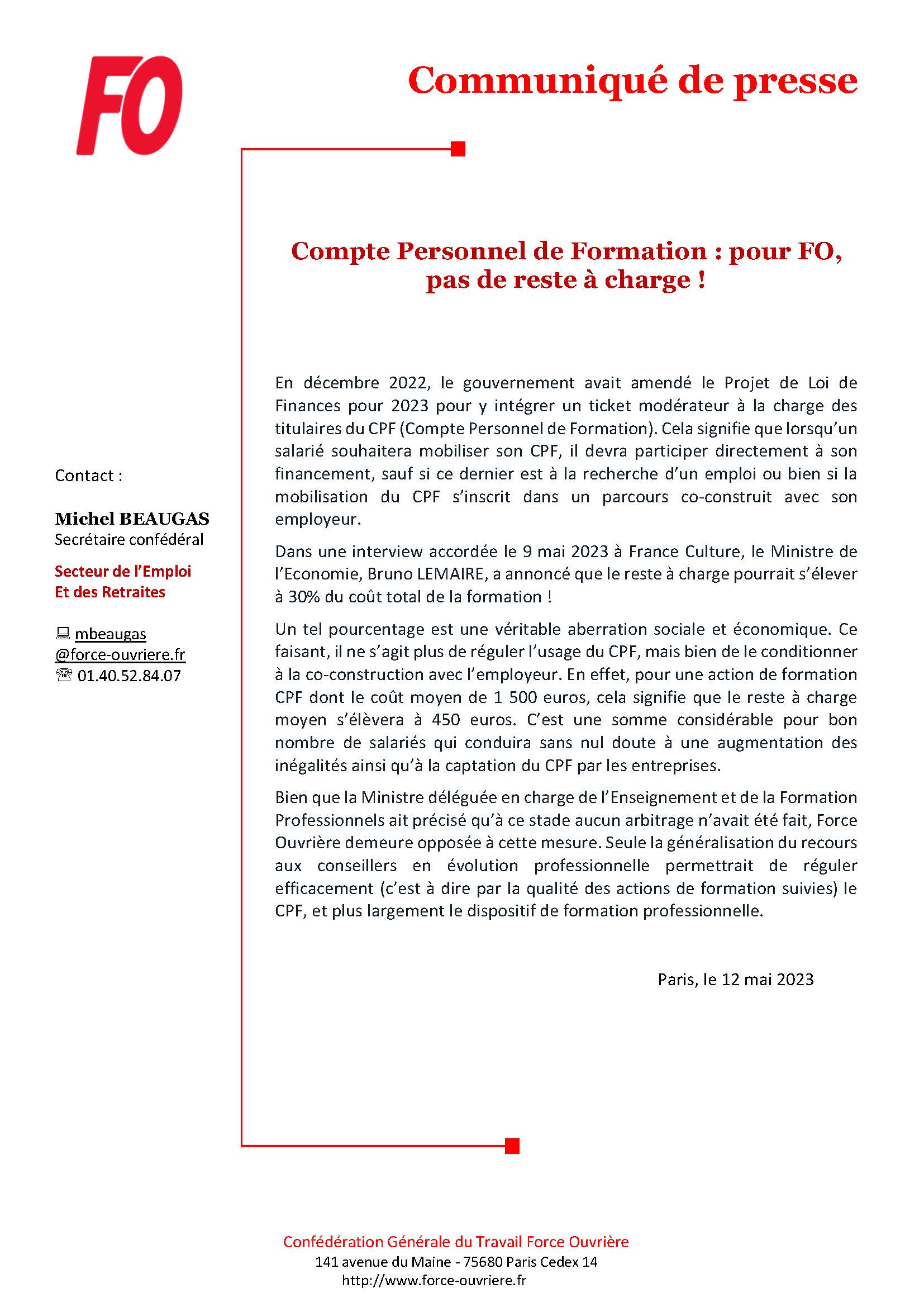 Compte Personnel de Formation : pour FO, pas de reste à charge !