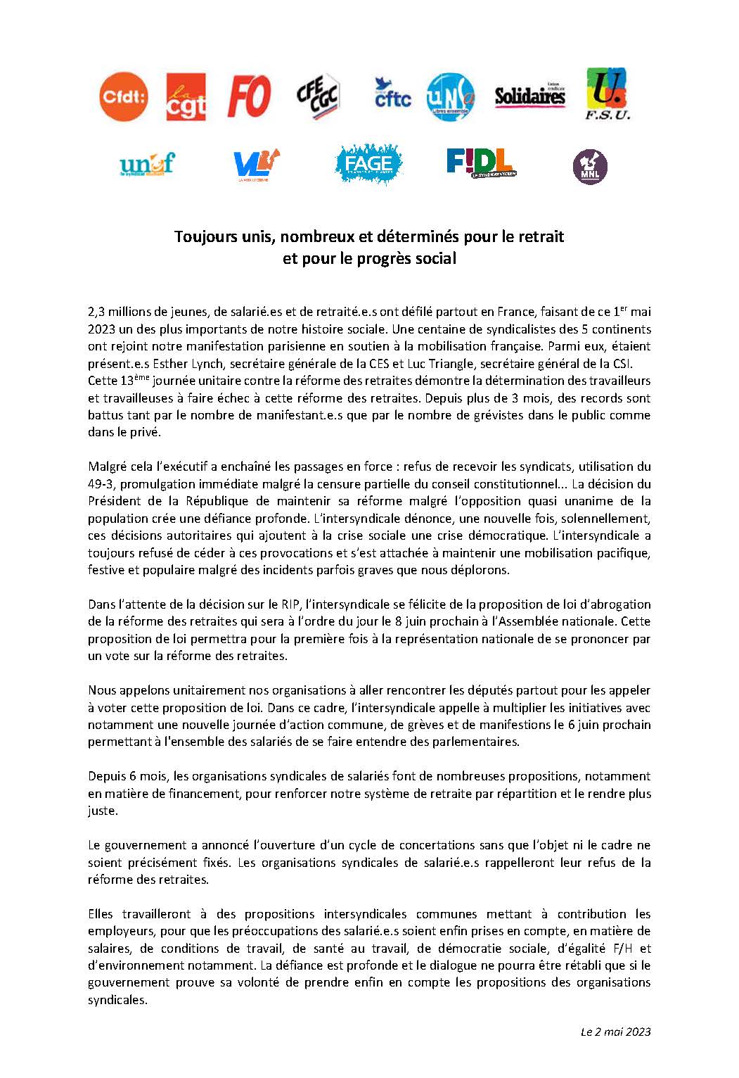 Communiqué de Presse intersyndical 2 mai 2023