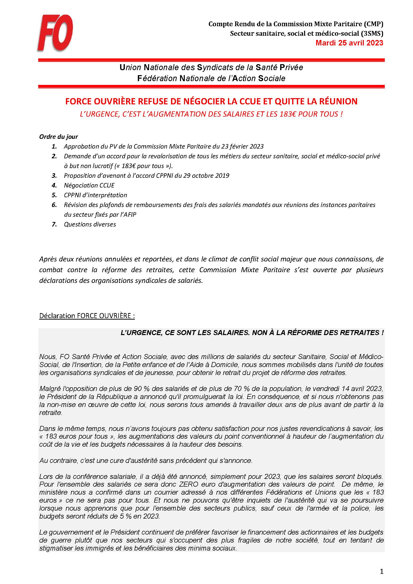 Compte Rendu de la Commission Mixte Paritaire Secteur Sanitaire Social MédicoSocial – CR CMP 3 SMS – du 25 04 23