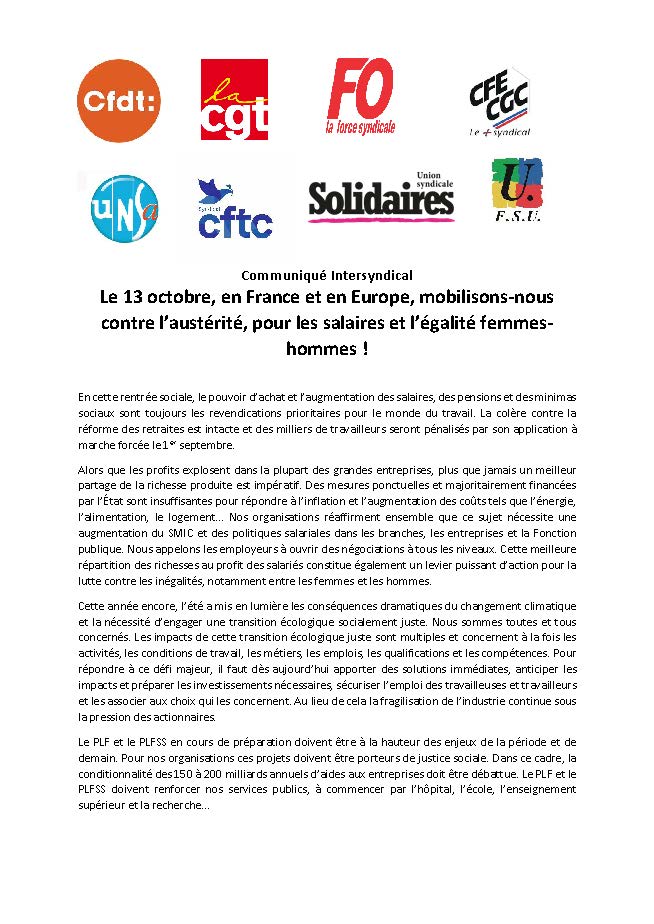 Communiqué Intersyndical – 28 aout 2023