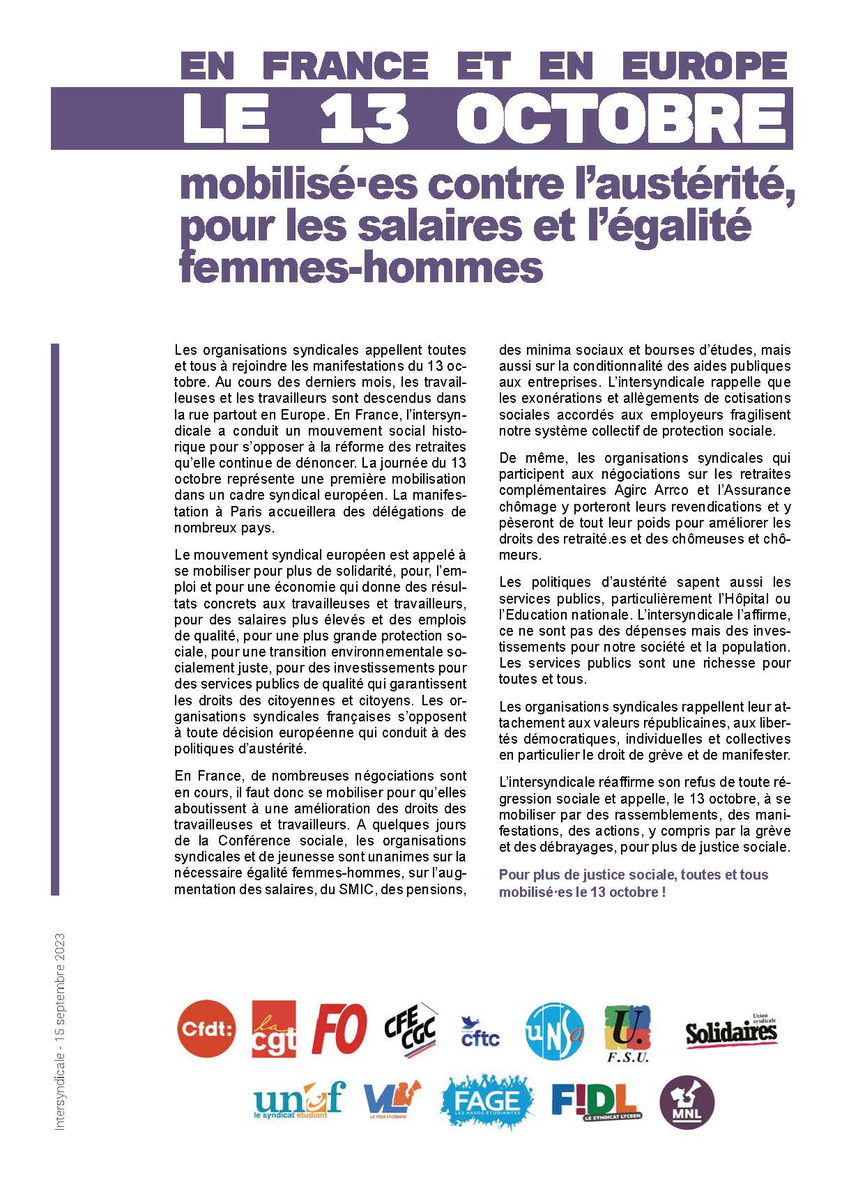 En France et en Europe, Le 13 octobre mobilisé·es contre l’austérité, pour les salaires et l’égalité femmes-hommes