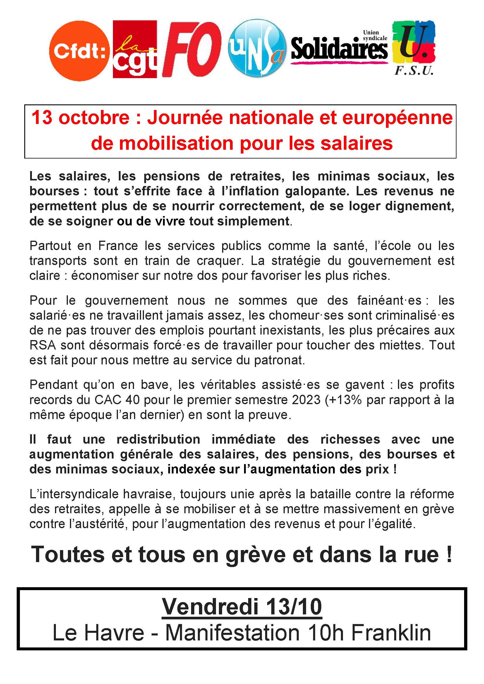 13 octobre : Journée nationale et européenne de mobilisation pour les salaires