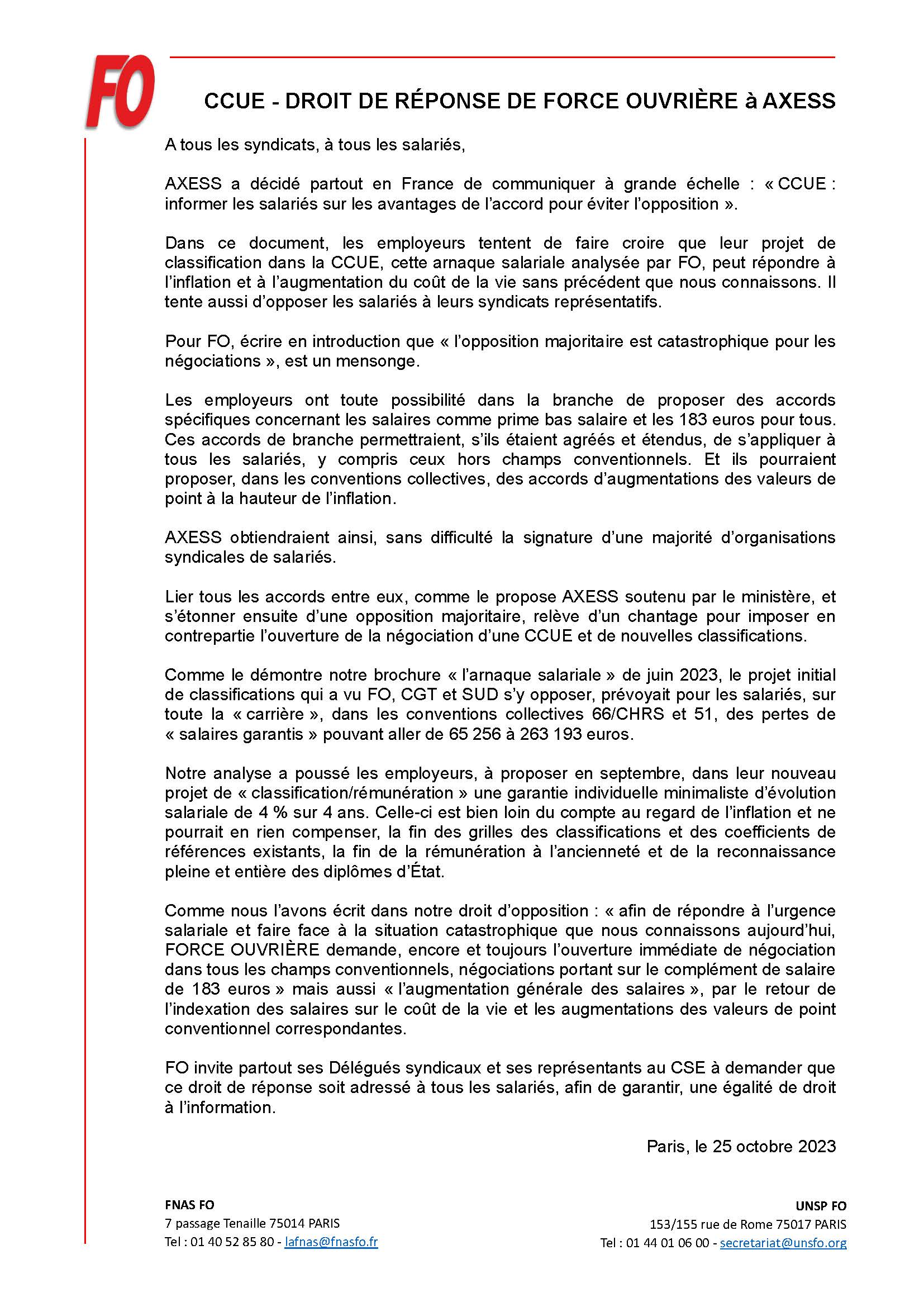 CCUE – Droit de réponse de Force Ouvrière à AXESS