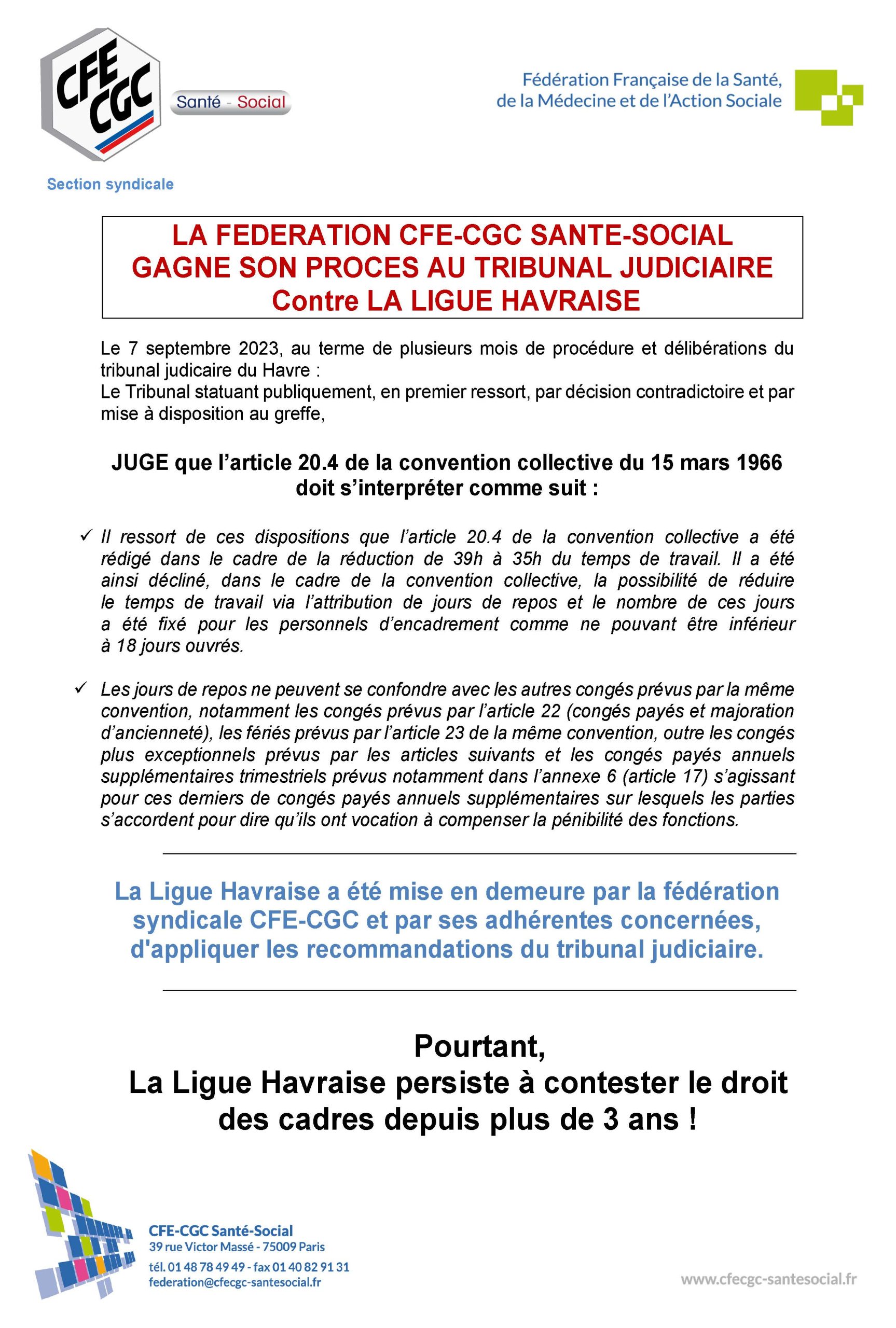 La fédération CFE-CGC sante-social gagne son procès au tribunal judiciaire contre la Ligue Havraise